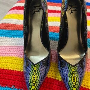 Vibrant Green and Blue High Heels with Exotic Pattern